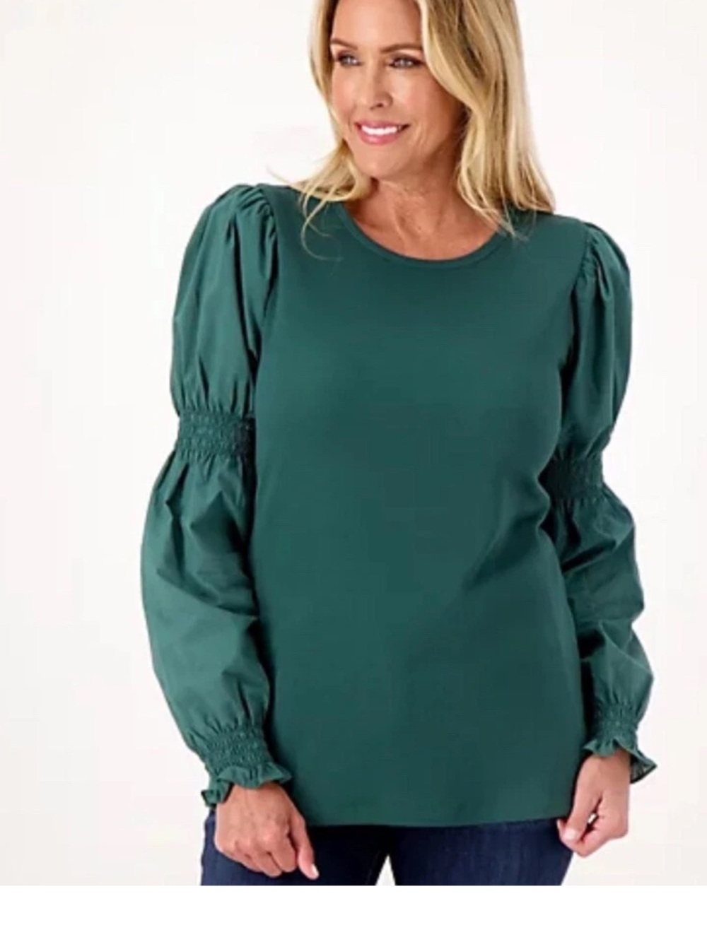 Studio Park x Shawn Killinger Rib Knit Top with Woven Smocked Sleeves Pine large
